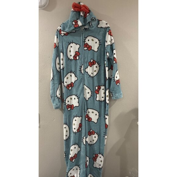 Hello Kitty Women's Fuzzy Hooded One Piece Full Body Pajamas/Sleepwear Blue  XL - Picture 1 of 6